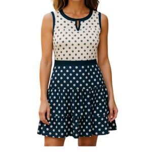 J.CREW Polka Dot Sleeveless Drop Waist Dress Navy Cream Tier Preppy Tennis 4